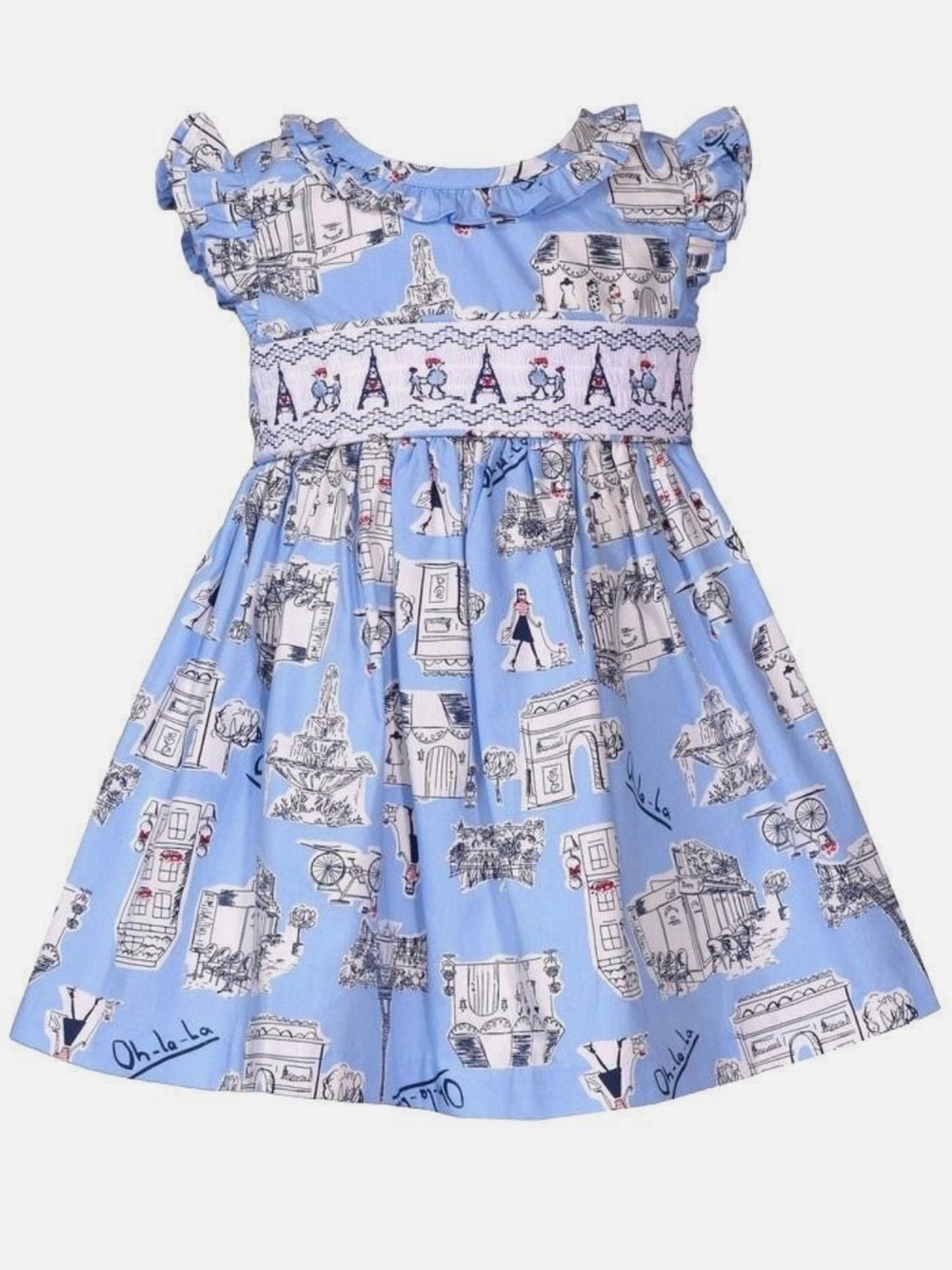 18M🇫🇷 Bonnie Jean Baby Girls Blue Embroidered Paris Smocked Panel Dress 2pc